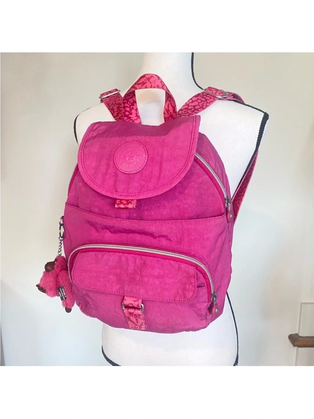 Kipling queenie pink nylon backpack travel with silver hardware